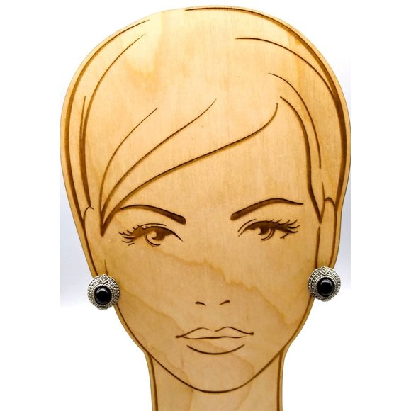 Basic Black Cabochon Earrings in Silver Tone Frames, Neutral Vintage Chic Clip - Picture 3 of 5